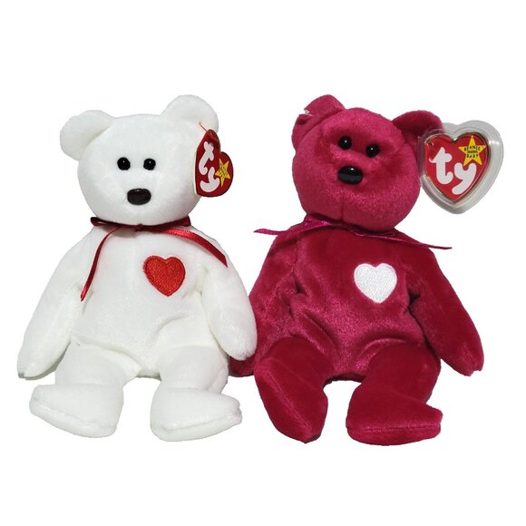 Ty Other - Vintage Ty Beanie Babies Valentino & Valentina Bears 1993 1999 White Pink New